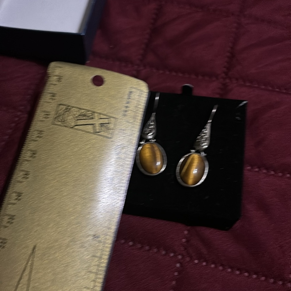 Tiger Eye Dangle pierced earrings vintage - Picture 5 of 7